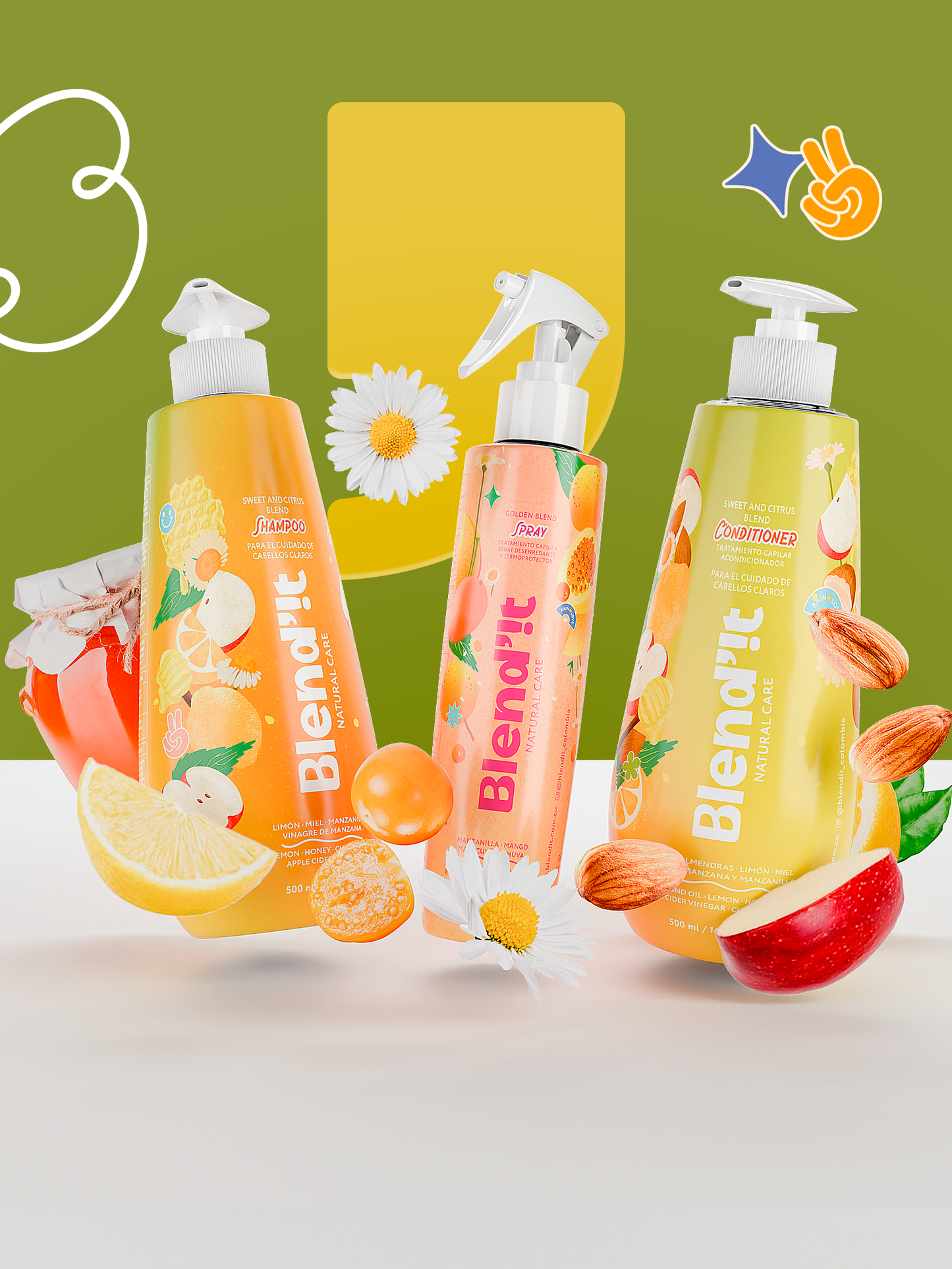 Trío Rubios y Lisos - Shampoo, Acondicionador y Spray Desenredante De Manzanilla