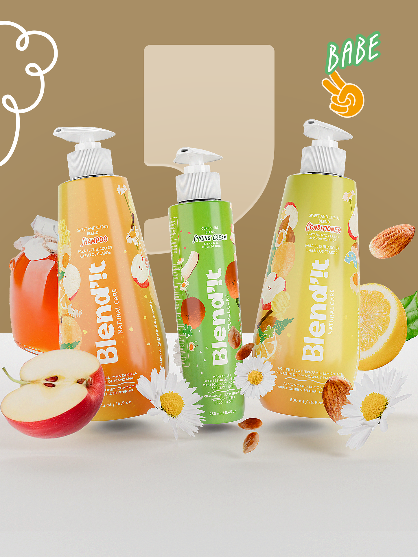 Trío Rubios y Rizados- Shampoo, Acondicionador y Crema para Peinar de Manzanilla